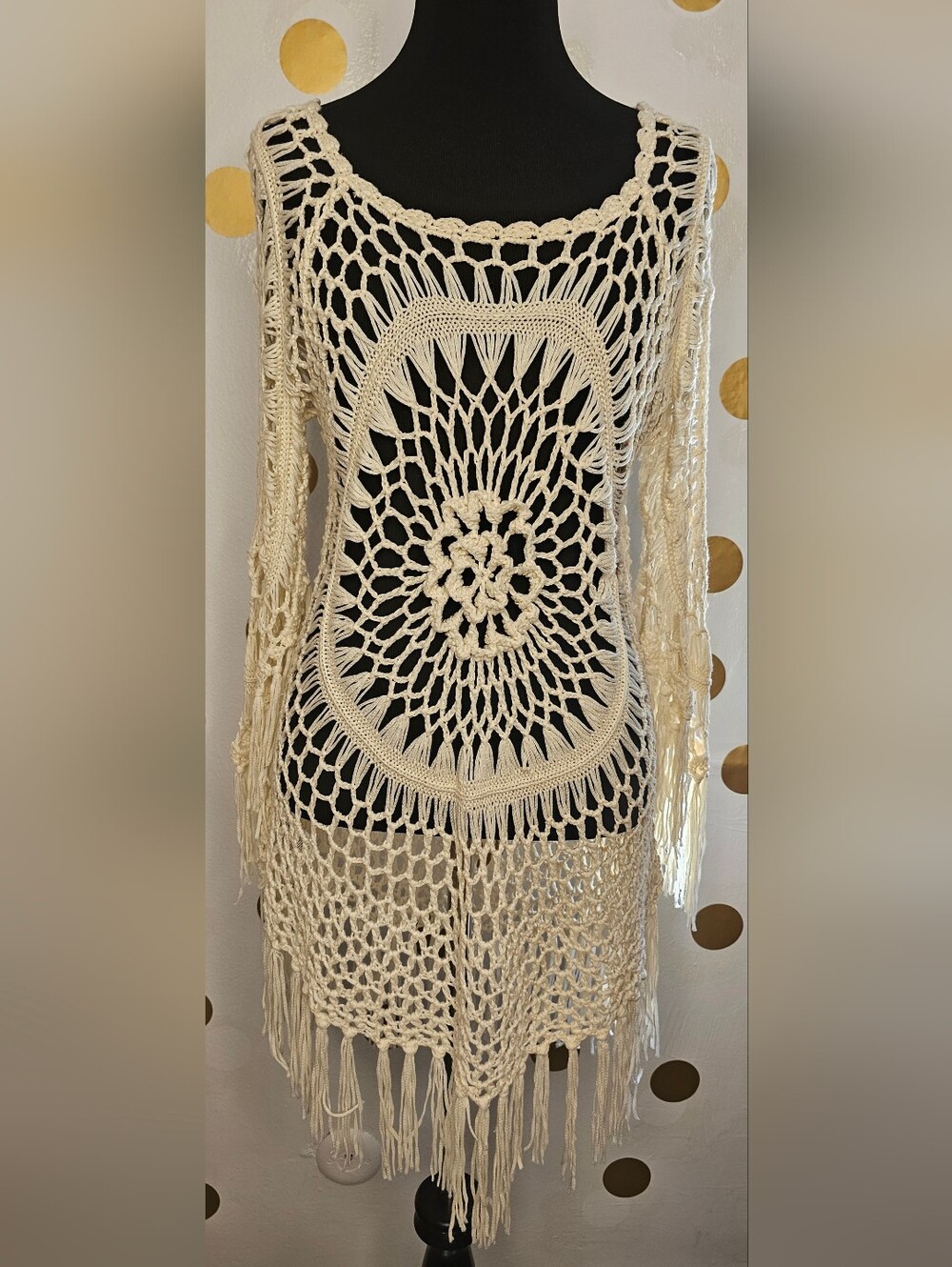 Crochet Boho Tunic Dress in Cream - Size: Small
